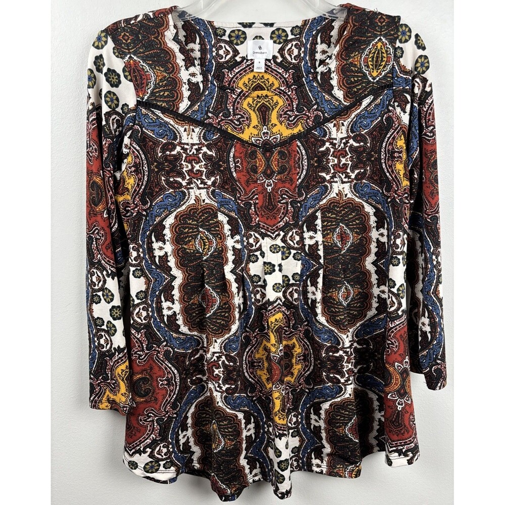 Dress Barn Women’s Small Shirt Blouse Tunic Brown Blue Aztec Fall Autumn Office